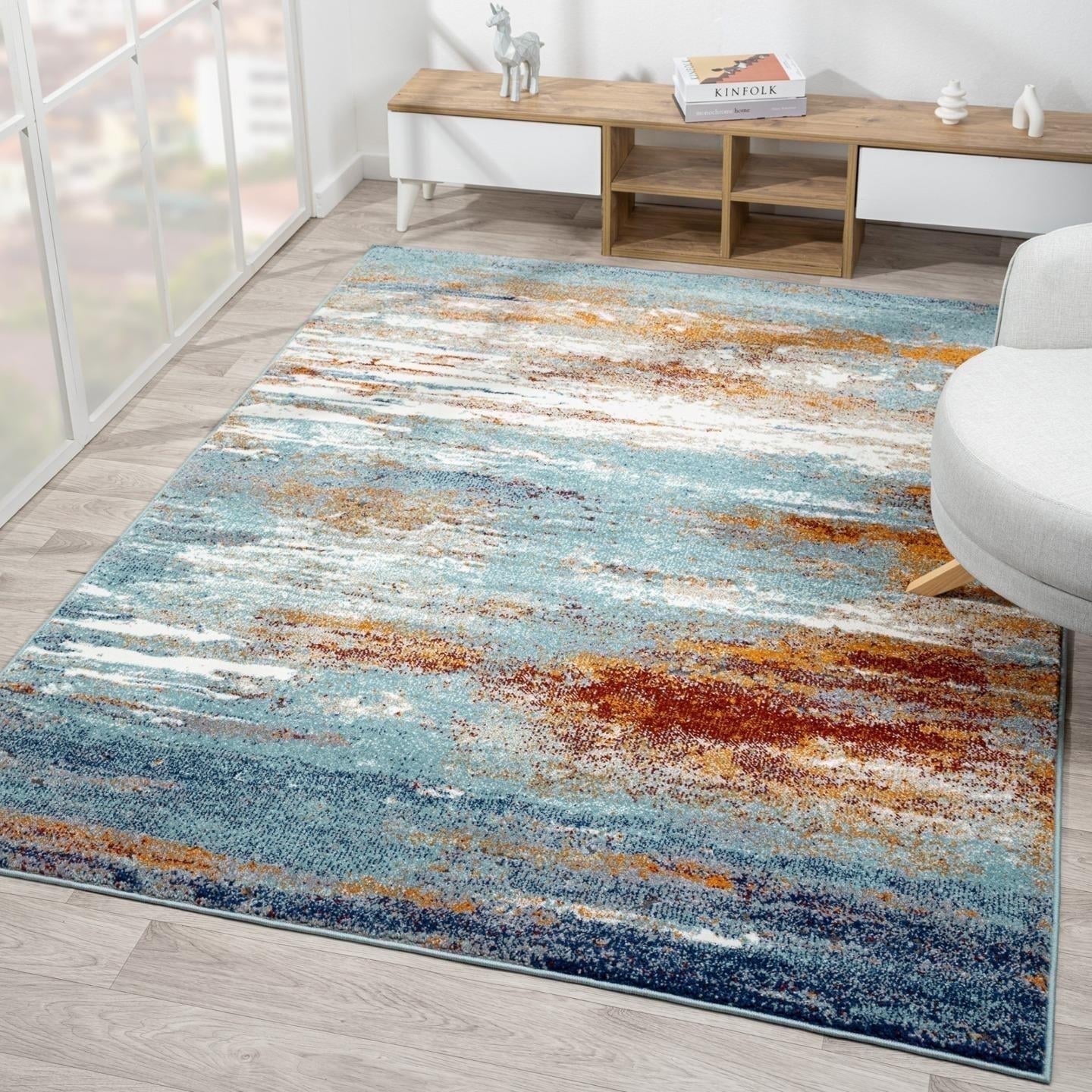 Aqua and Orange Synthetic Coastal Abstract Area Rug