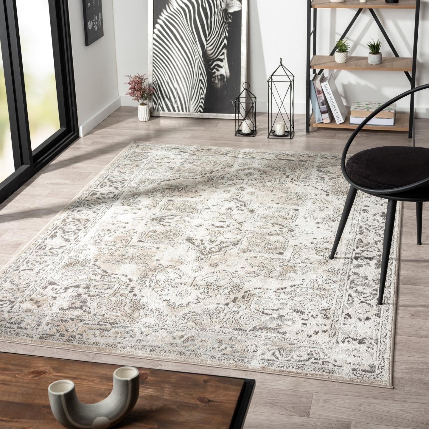 Beige Floral Moroccan Synthetic 3' x 9' Area Rug