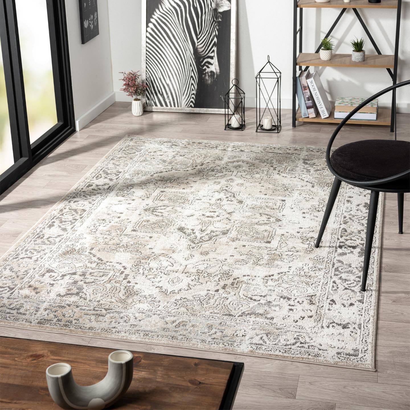 Beige Floral Moroccan Synthetic 3' x 9' Area Rug