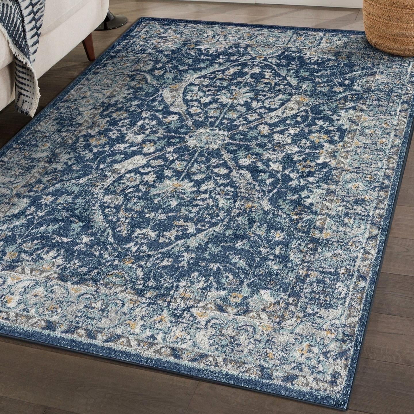 Blue 9' x 12' Oriental Synthetic Easy Care Area Rug