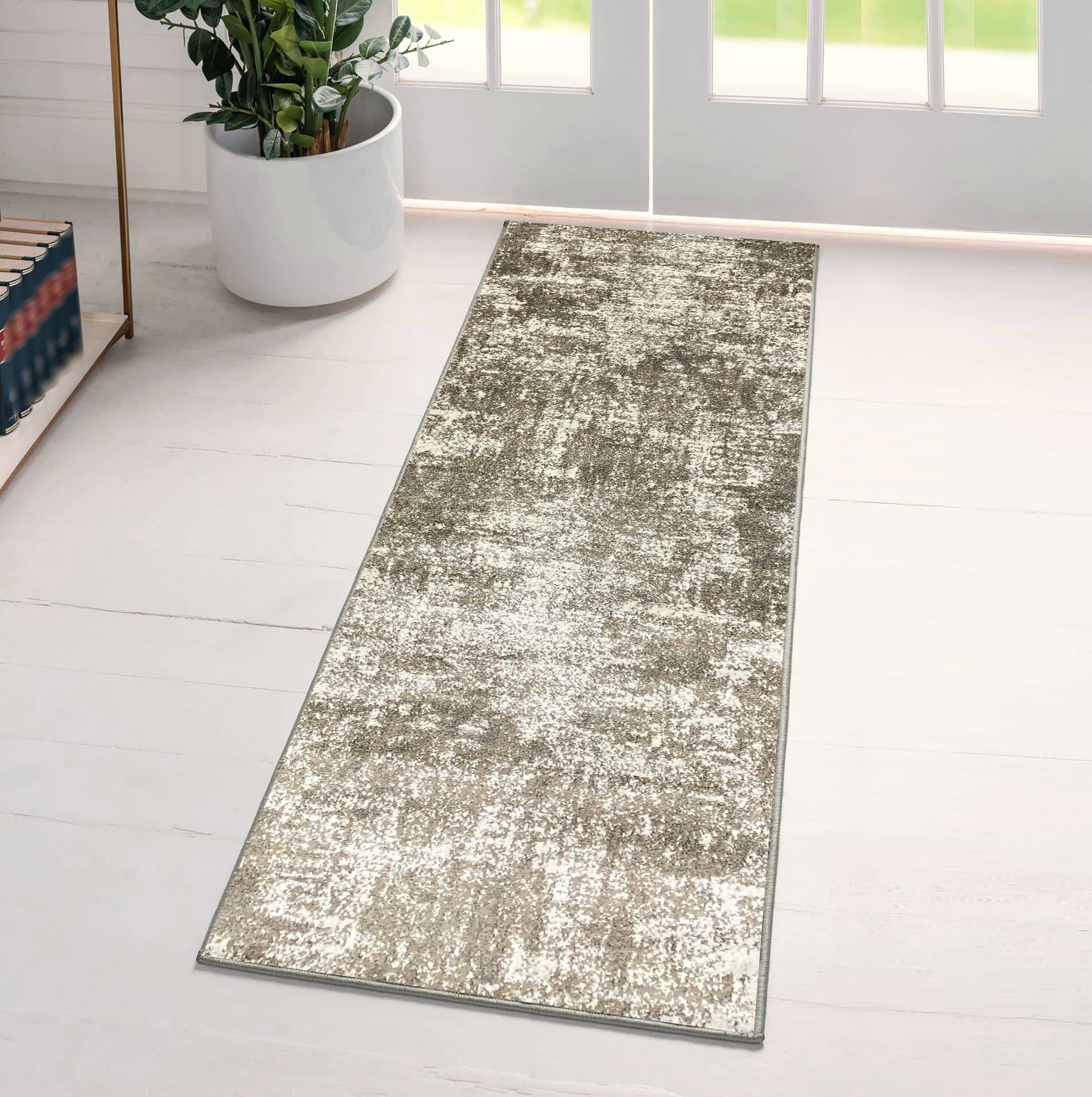 Beige Abstract Synthetic 2' x 7' Area Rug