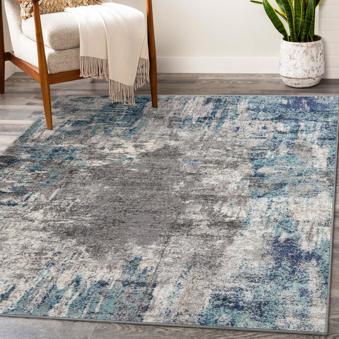 Blue and Gray Abstract 5' x 7' Synthetic Area Rug