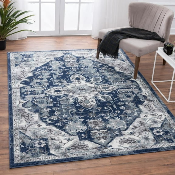 Luxe Weavers Floral Medallion Boho Dark Blue 8x10 Area Rug, Living Room Carpet