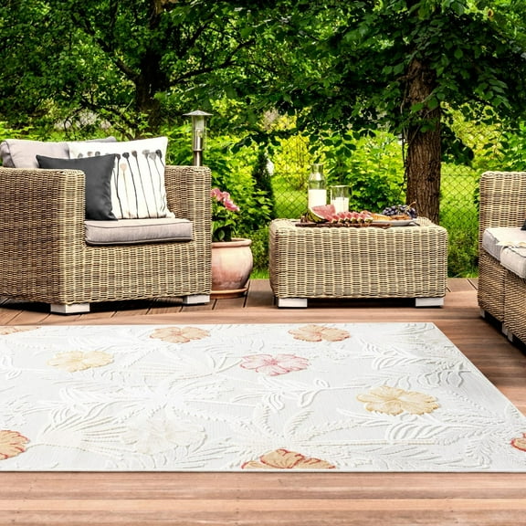Luxe Weavers Floral Tropical Palm Leaf White 5x7 Outdoor Area Rug, Botanical Carpet