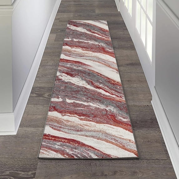 Luxe Weavers Geometric Abstract Red 2x7 Art Deco Marble Swirl Area Rug