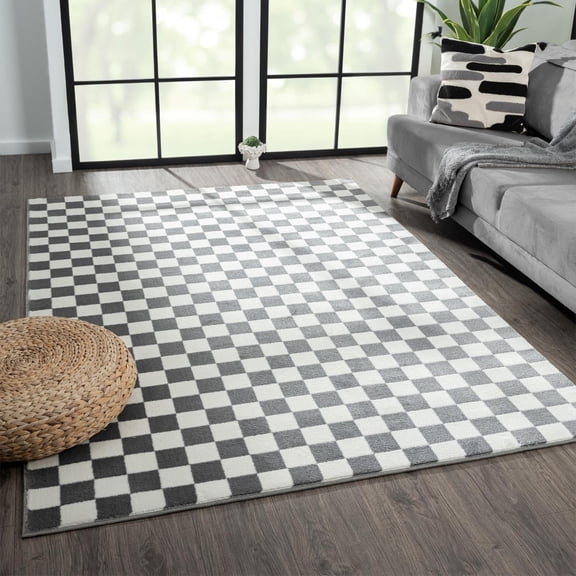 Luxe Weavers Geometric Checkered Gray and White Area Rug 5x7, Modern Stain Resistant Carpet