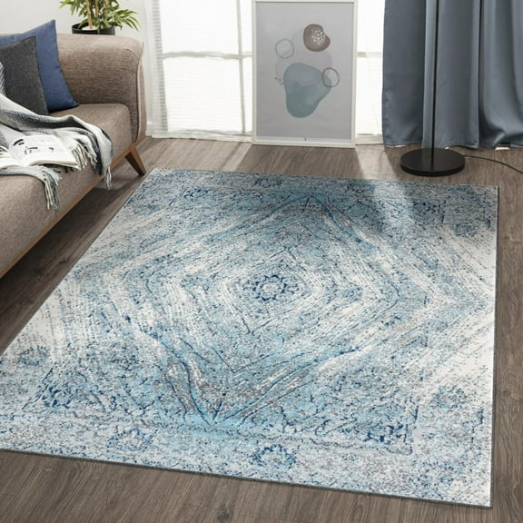 Luxe Weavers Geometric Cream Blue 5x7 Area Rug Abstract Design Carpet