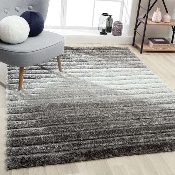 Luxe Weavers Geometric Gray 5x7 Shag Area Rug Plush Striped Bedroom Carpet