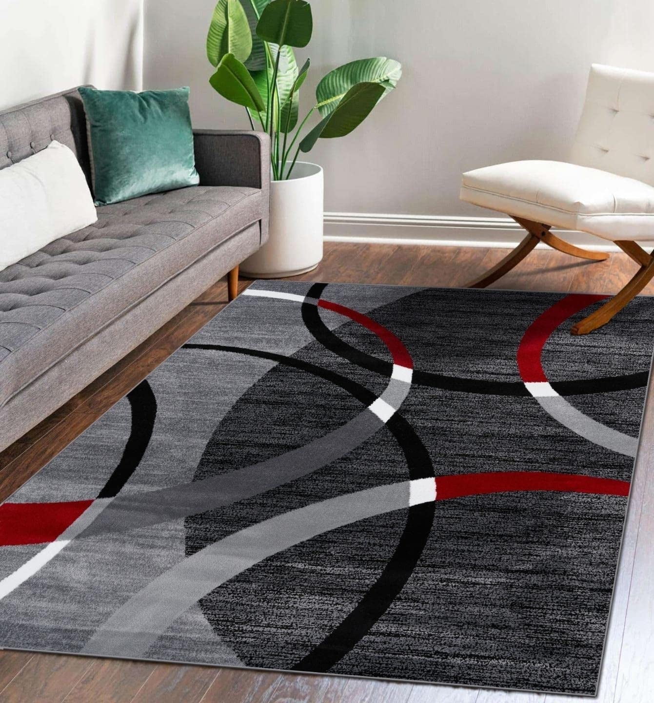 Gray and Red Abstract Geometric 2x3 Stain-Resistant Area Rug