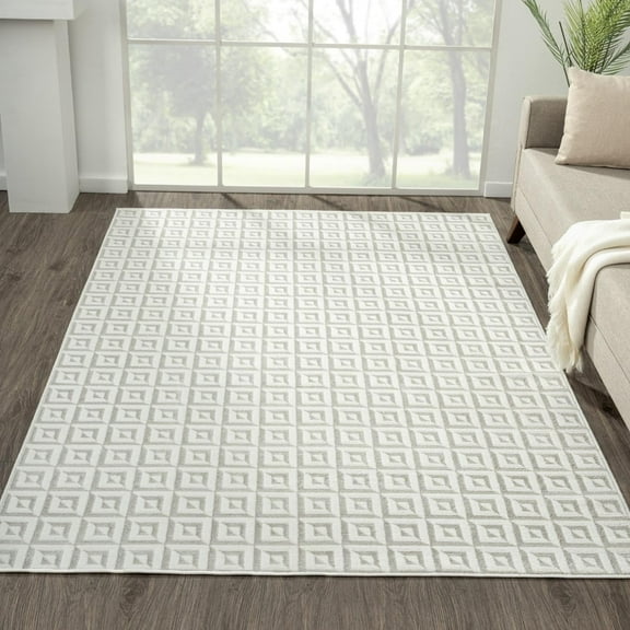 Luxe Weavers Geometric Metallic Cream 4x5 Area Rug, Greek Key Pattern Carpet