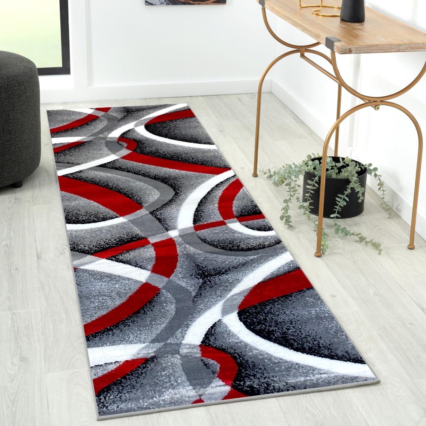 Gray and Red Modern Abstract Geometric Area Rug 2' x 7'