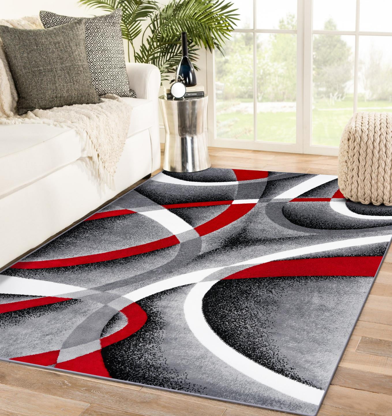 Gray and Red Modern Abstract Geometric Area Rug 2' x 7'