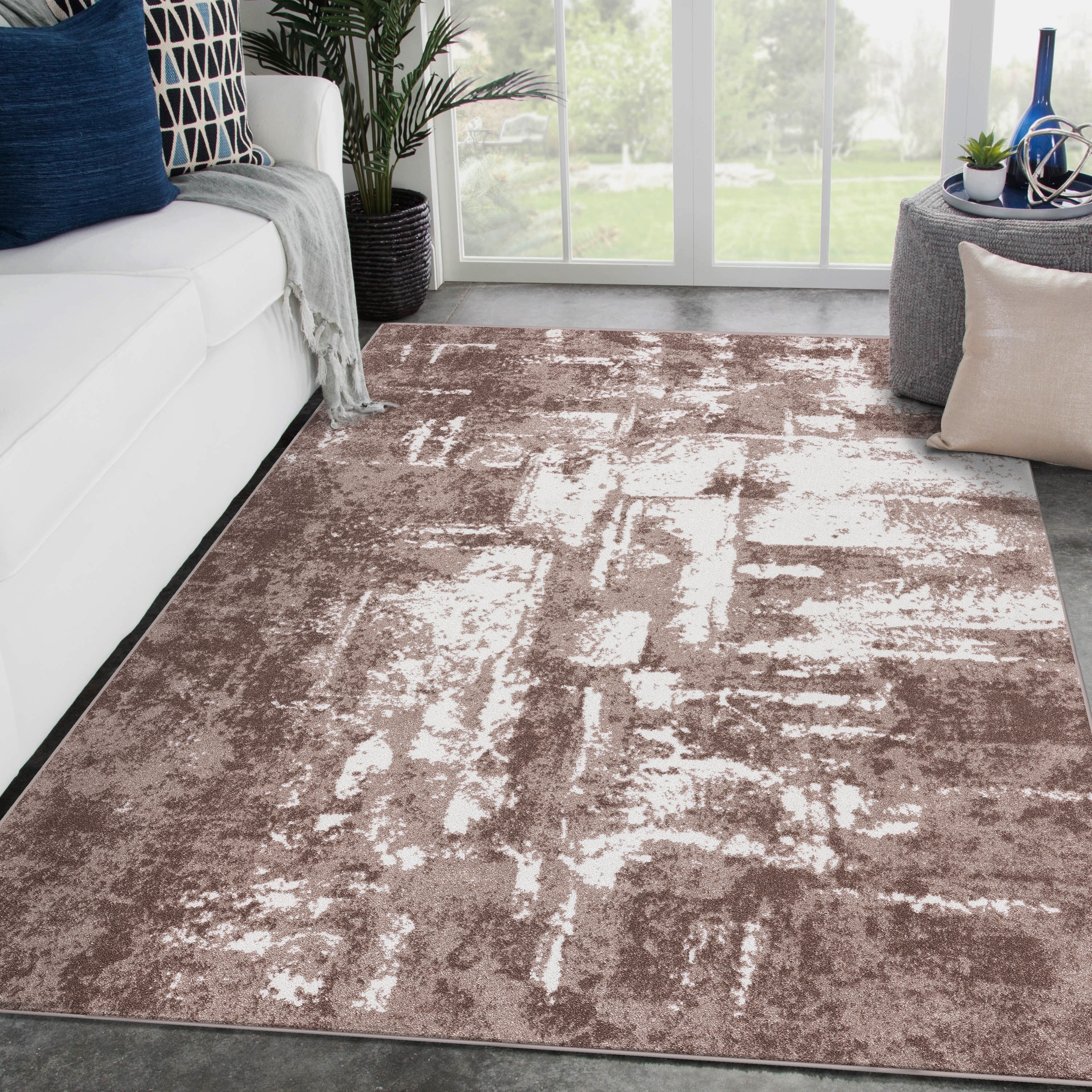 Beige Abstract 8' x 10' Stain-Resistant Synthetic Area Rug