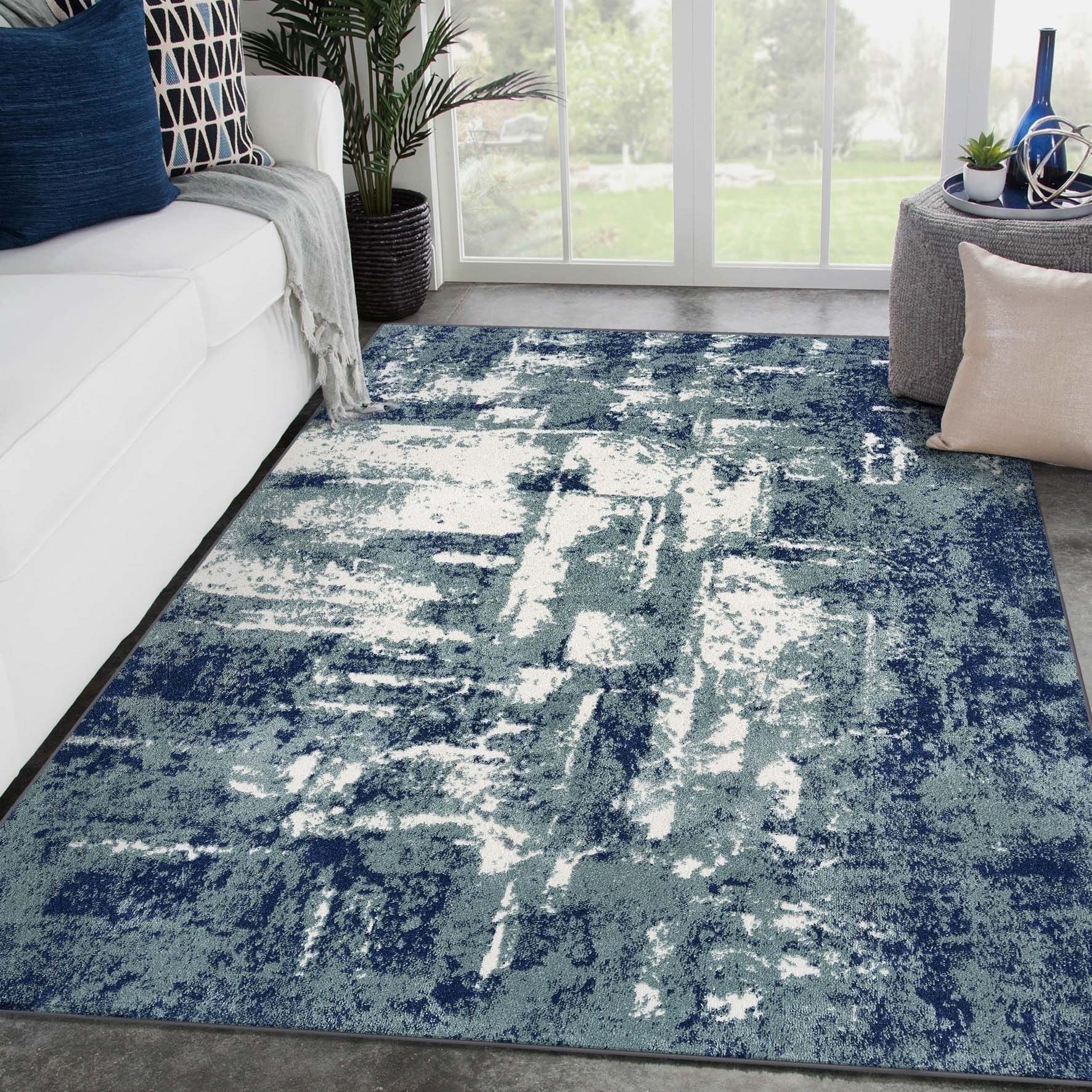 Blue and White Abstract Synthetic Rectangular Area Rug, 5' x 7'