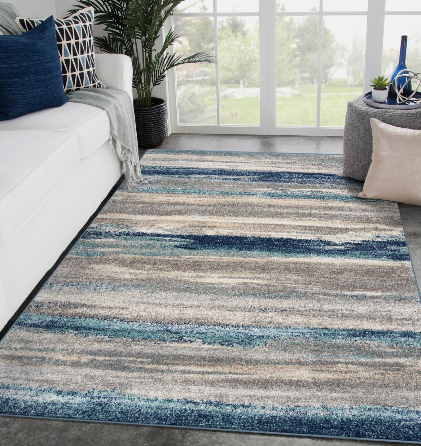 Madison Collection 4x5 Abstract Cream/Blue Geometric Area Rug