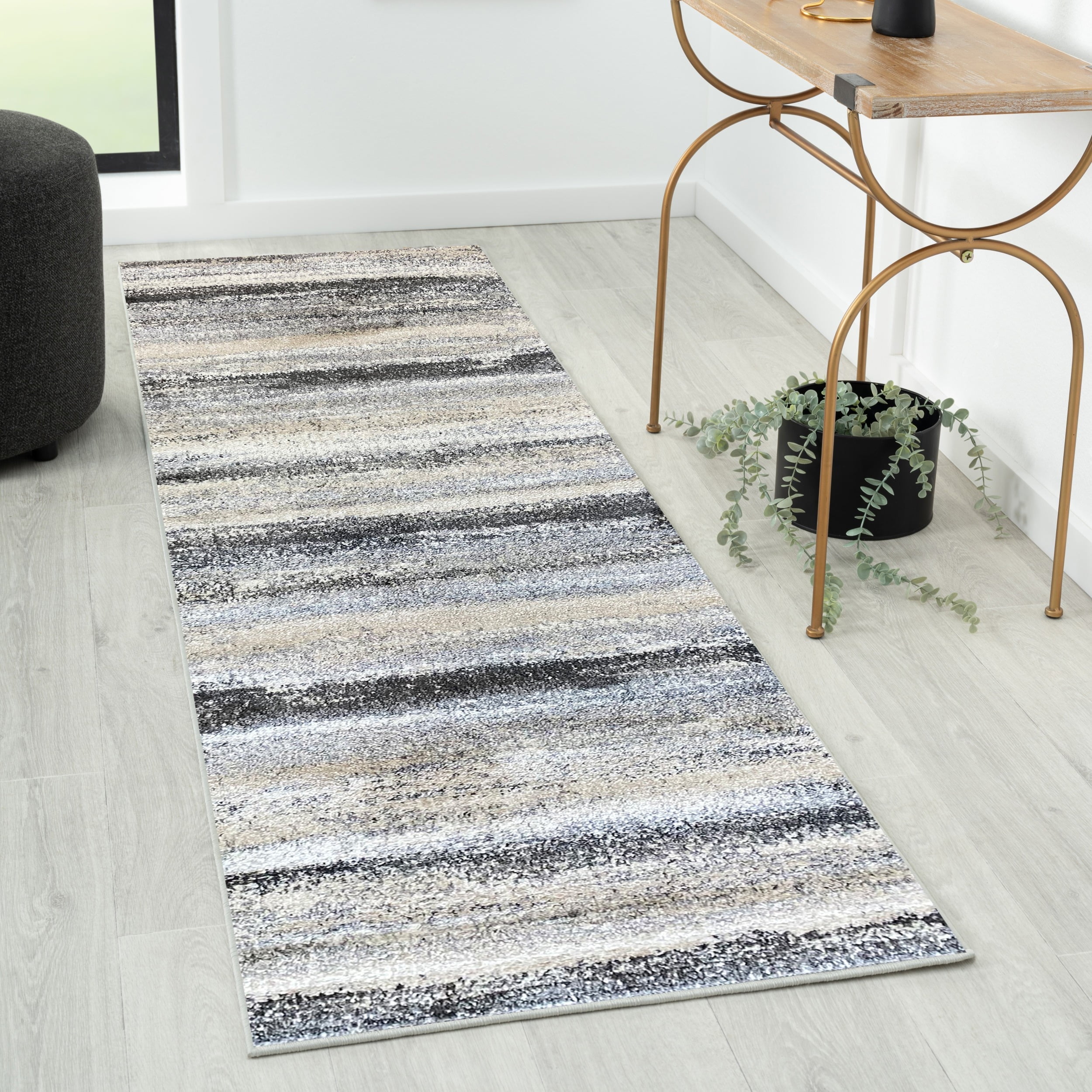 Gray Abstract Stripe Easy Care Area Rug 2' x 7'