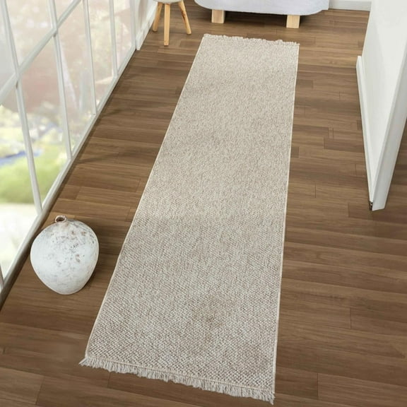 Luxe Weavers Machine Woven Beige 2x8 Runner Rug Fringed, Textured Hallway Carpet