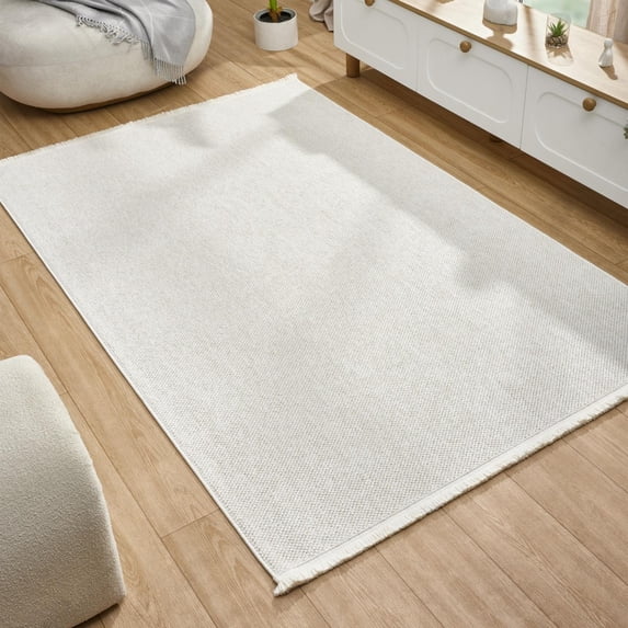 Luxe Weavers Machine Woven Cream 5x7 Area Rug Fringed, Textured Carpet