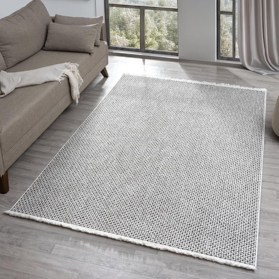 Luxe Weavers Machine Woven White Dark Gray 4x6 Area Rug Fringed, Textured Carpet