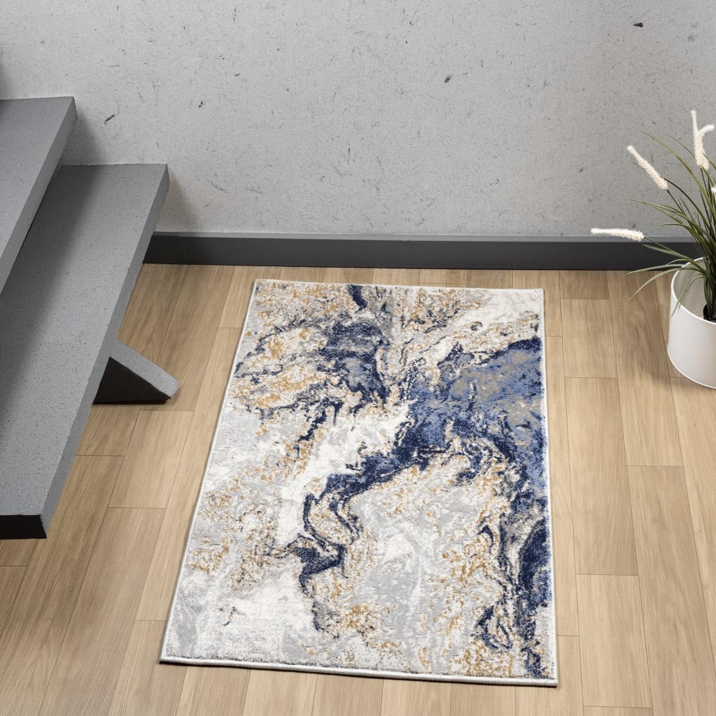 Modern Blue and Gold Abstract Marble Area Rug