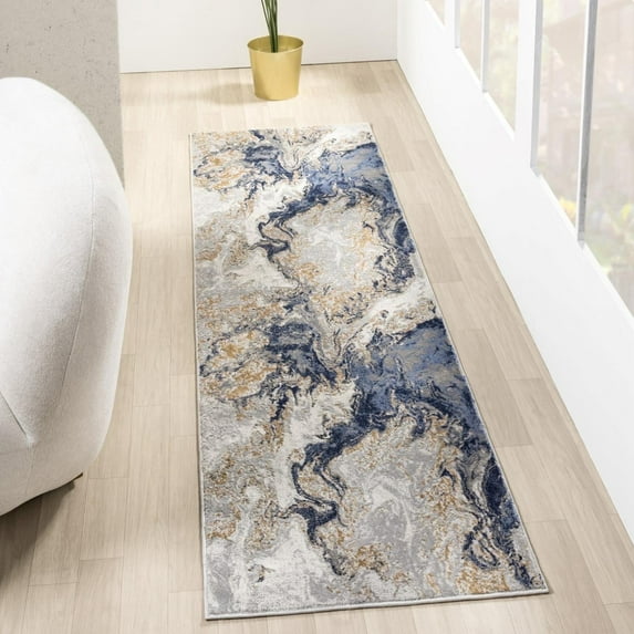 Luxe Weavers Marble Swirl Collection Blue Abstract 2x7 Runner Rug Gold
