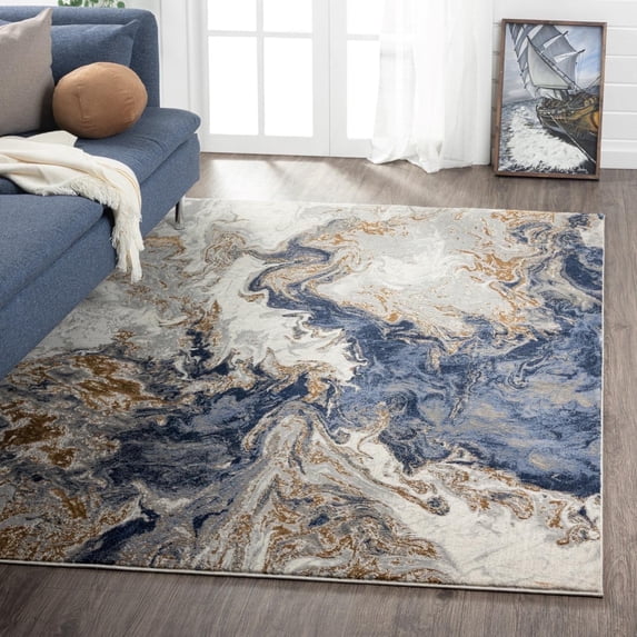 Luxe Weavers Marble Swirl Collection Blue Abstract 5x7 Area Rug Gold