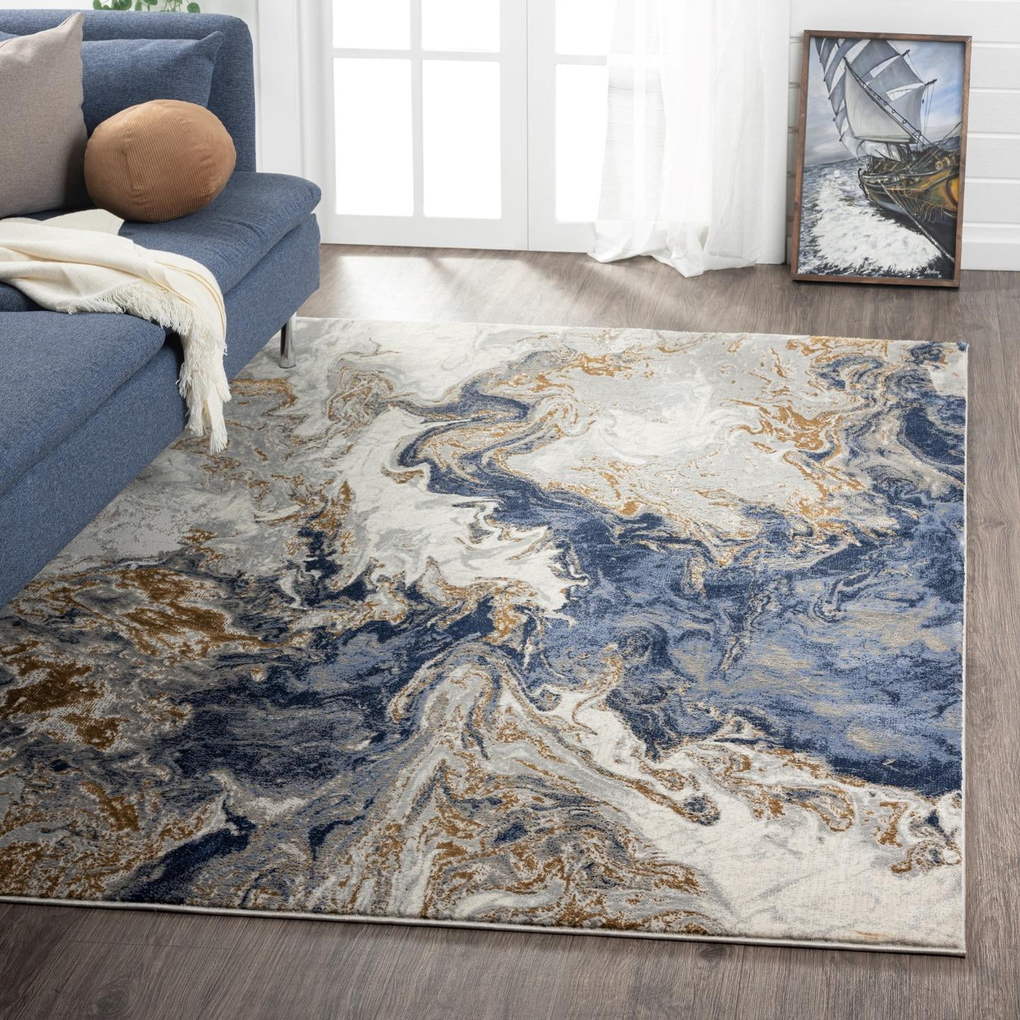 Luxe Weavers Living Room Style Marble Swirl Collection Blue Abstract 8x10 Area Rug Gold Walmart