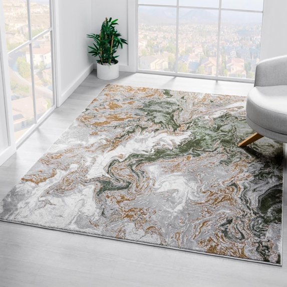 Luxe Weavers Marble Swirl Collection Green Abstract Area Rug 9x12