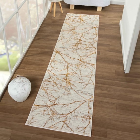 Luxe Weavers Modern Abstract Branches Cream Gold 2x8 Runner Rug, Machine-Made Hallway Carpet