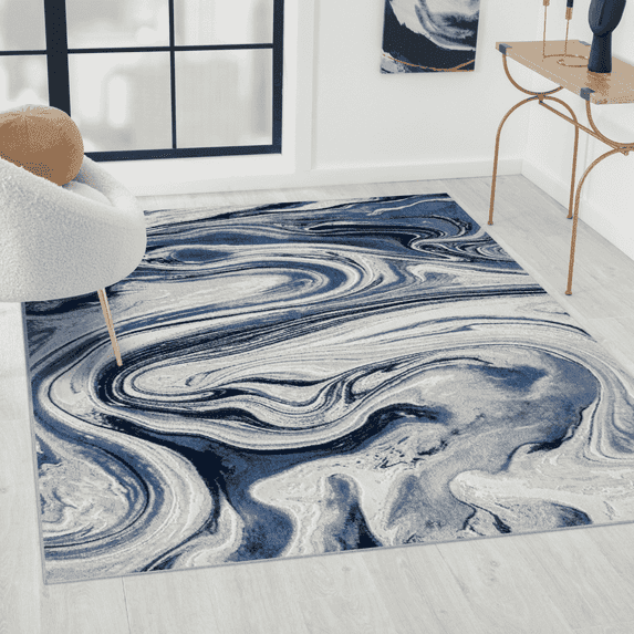 Luxe Weavers Modern Abstract Marble Swirl Blue 4x5 Area Rug Living Room Carpet