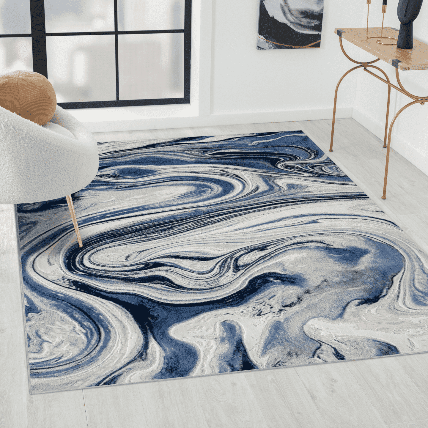 Blue and White Abstract Swirl 5' x 7' Synthetic Area Rug