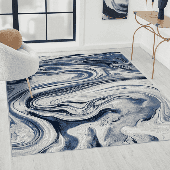 Luxe Weavers Modern Abstract Marble Swirl Blue 5x7 Area Rug Living Room Carpet