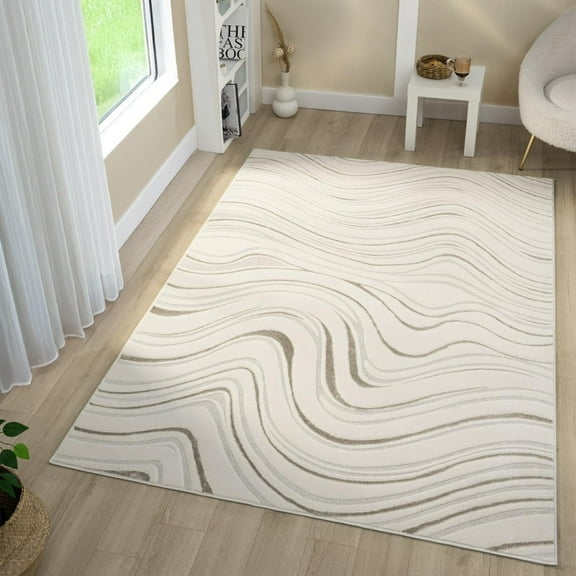Luxe Weavers Modern Abstract Swirl Cream 5x7 Area Rug High Low Carpet