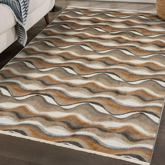 Luxe Weavers Modern Abstract Waves Fringe Area Rug Ivory 8x10, Machine-Woven Carpet