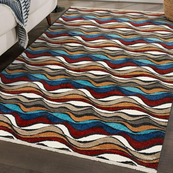 Luxe Weavers Modern Abstract Waves Fringe Area Rug Multi 5x7, Machine-Woven Carpet