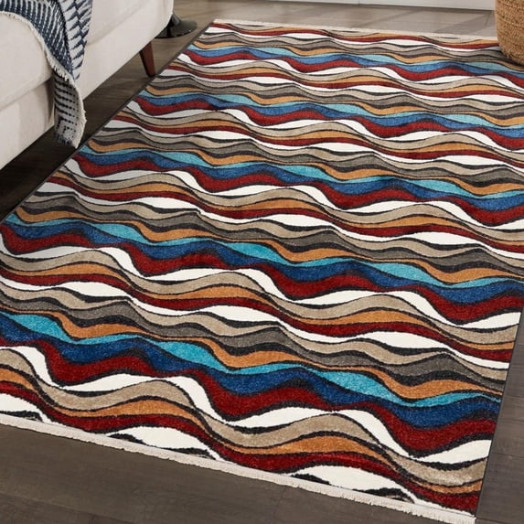Luxe Weavers Modern Abstract Waves Fringe Area Rug Multi 8x10, Machine-Woven Carpet