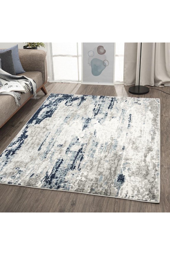 Modern Abstract White Blue 2x7 Area Rug, Stain Resistant Contemporary Carpet