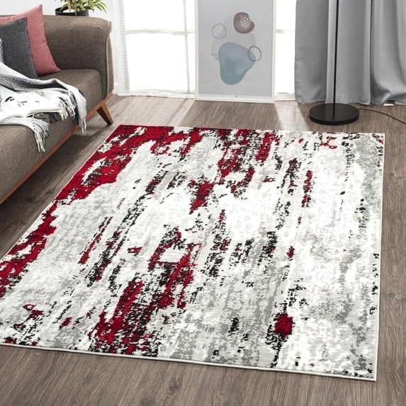 Luxe Weavers Modern Abstract White Red 4x5 Area Rug, Stain Resistant Contemporary Carpet