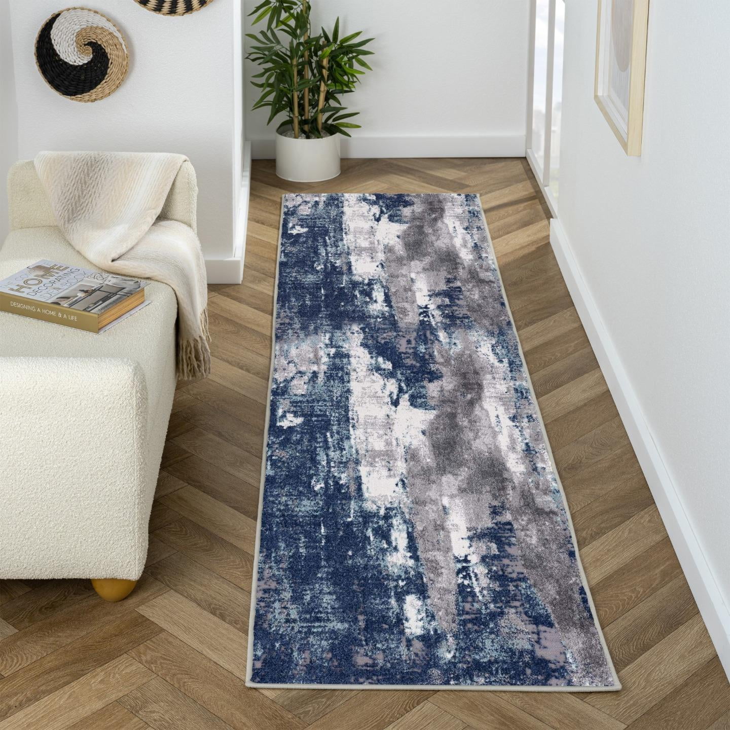 Abstract Splash Blue and Gray 2' x 7' Synthetic Runner Rug
