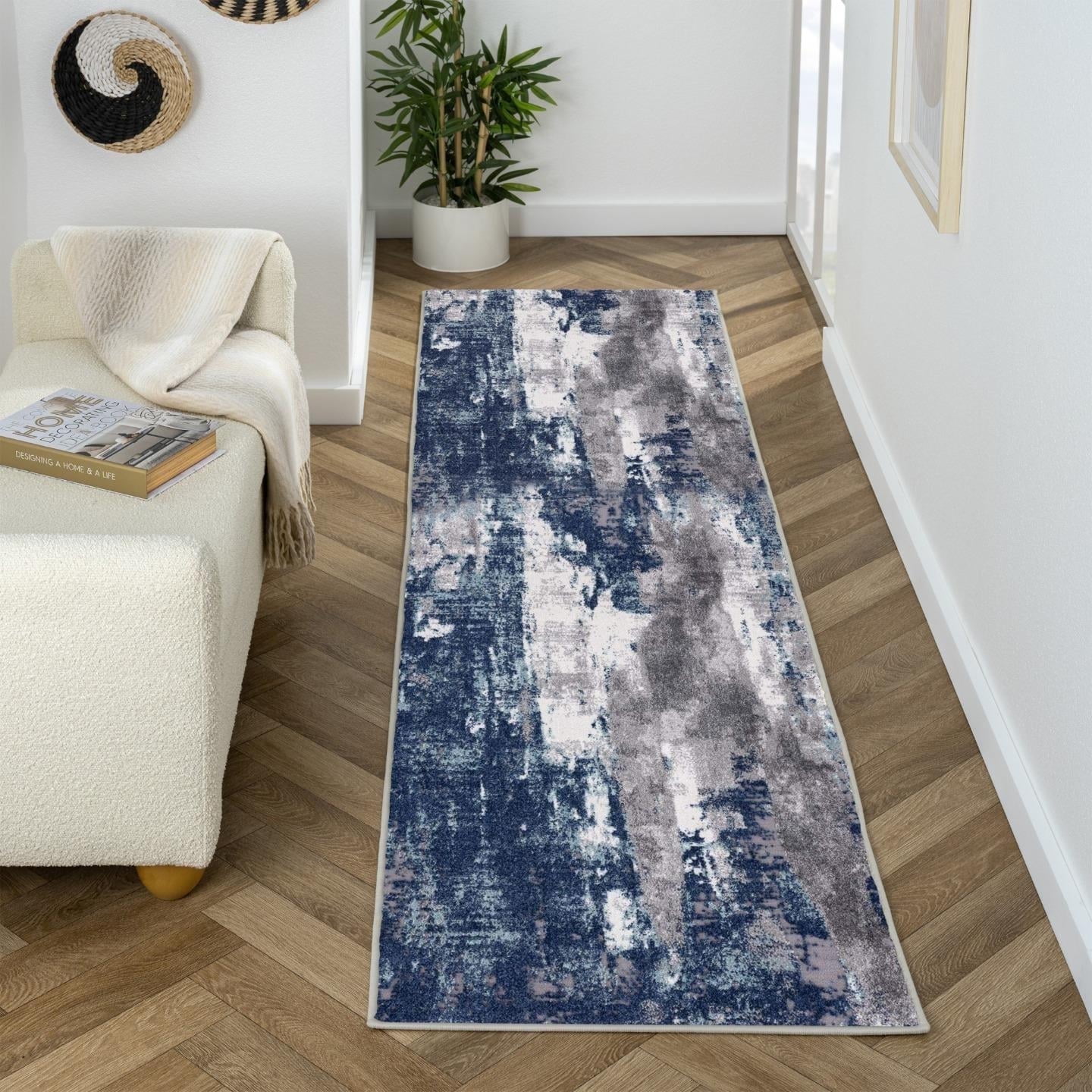 Abstract Splash Blue and Gray 2' x 7' Synthetic Runner Rug
