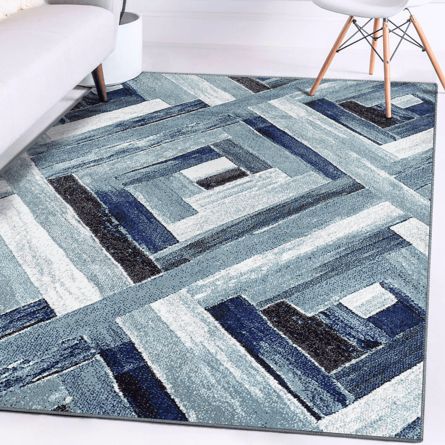 Modern Geometric Blue and Gray Synthetic Area Rug