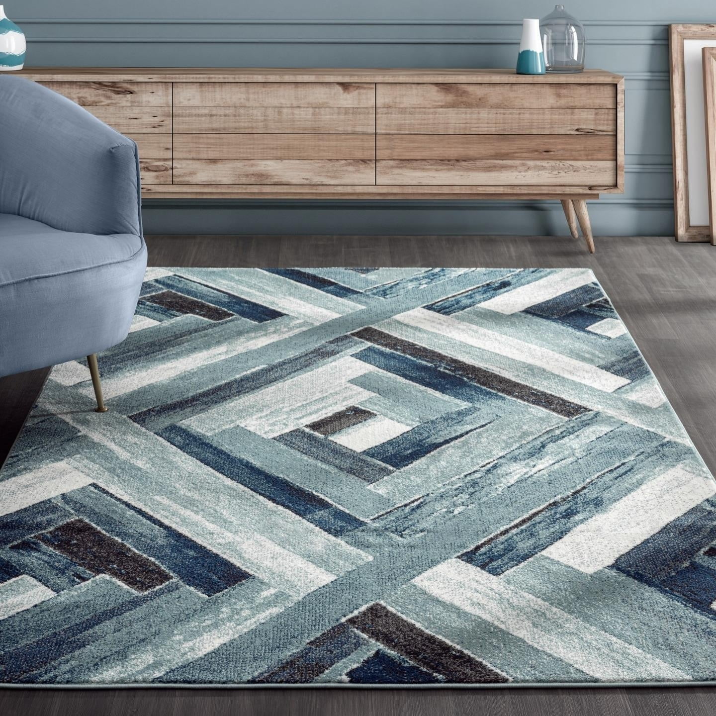 Modern Geometric Blue and Gray Synthetic Area Rug