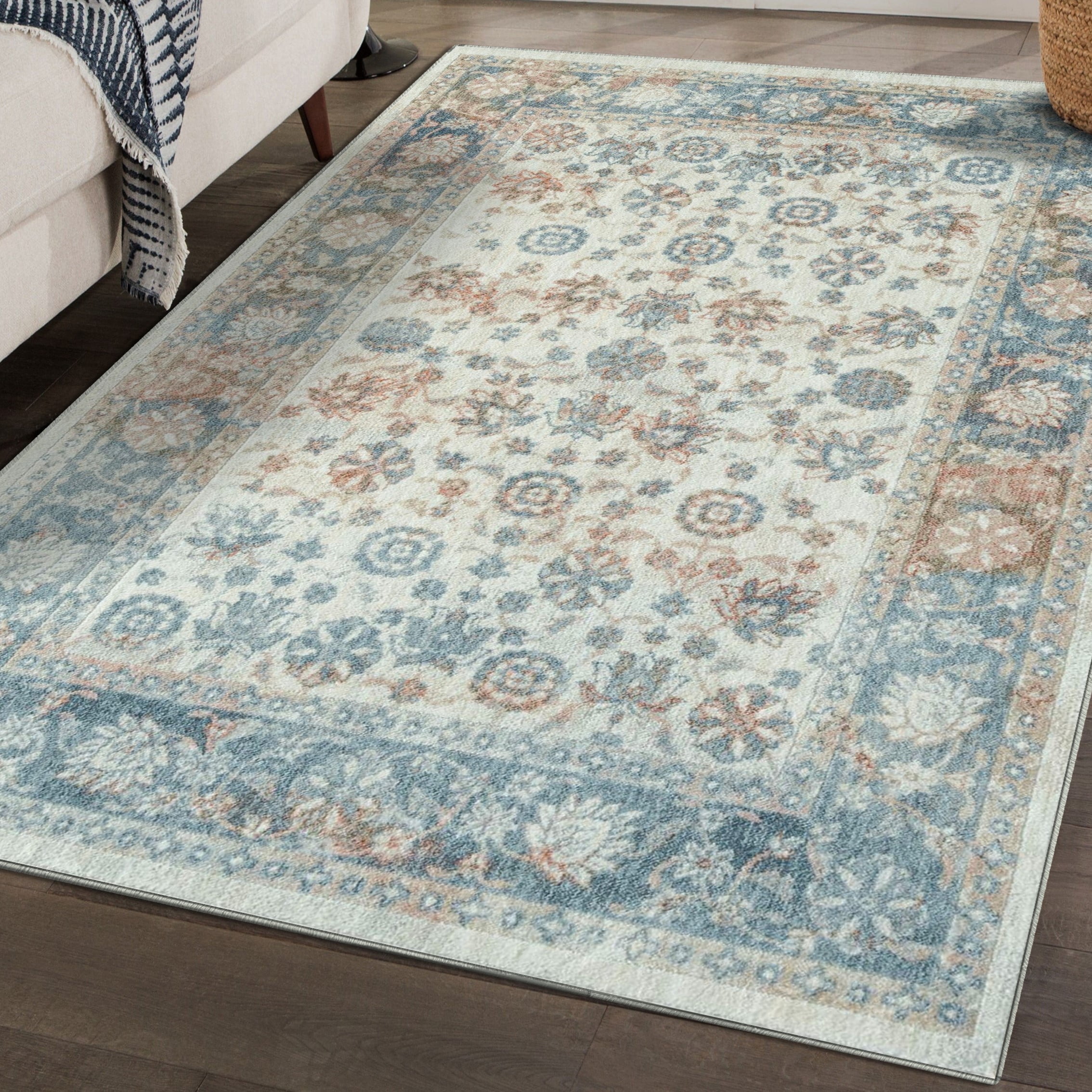 Ivory and Blue Floral Synthetic 8' x 10' Area Rug