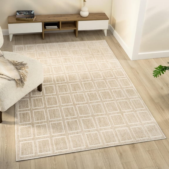 Luxe Weavers Modern Geometric Grid Beige 5x7 Area Rug, Low Bedroom Carpet