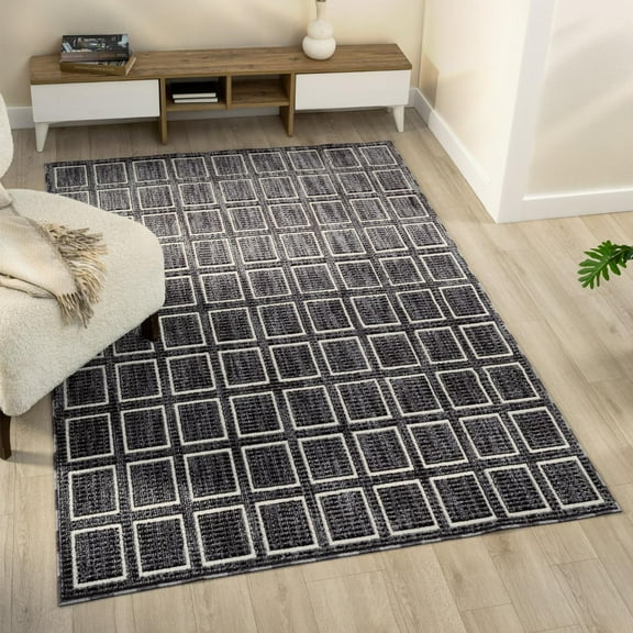 Luxe Weavers Modern Geometric Grid Black 6x9 Area Rug, Low Bedroom Carpet