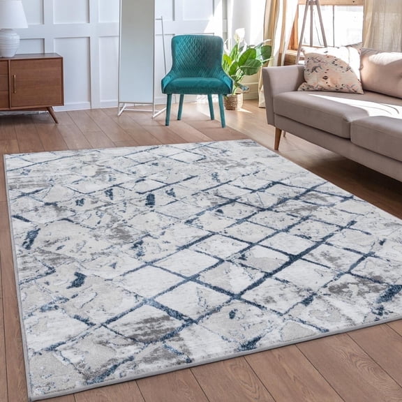 Luxe Weavers Modern Geometric Grid Blue 8x10 Area Rug, Gray Textured Carpet