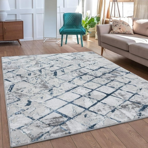 Luxe Weavers Modern Geometric Grid Blue 8x10 Area Rug, Gray Textured Carpet