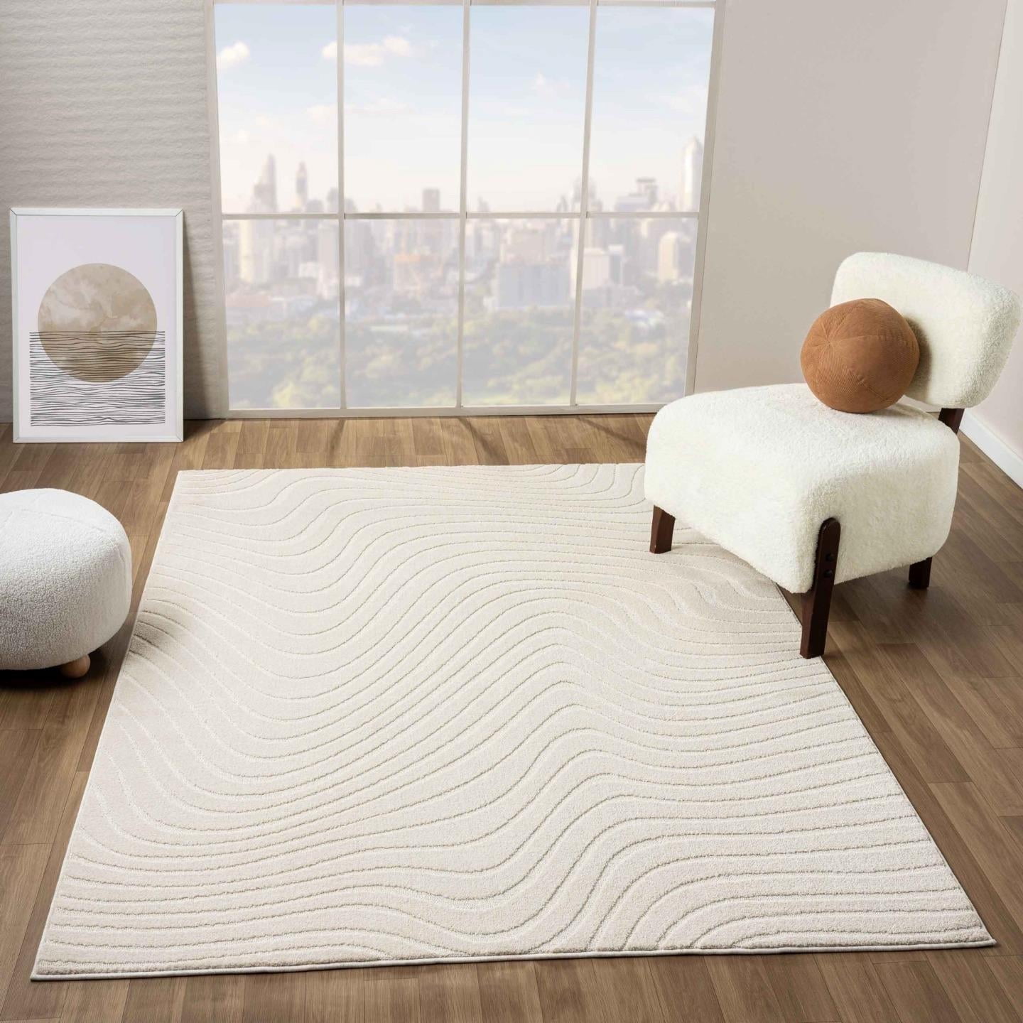 Cream Geometric Wave 5' x 7' Synthetic Area Rug