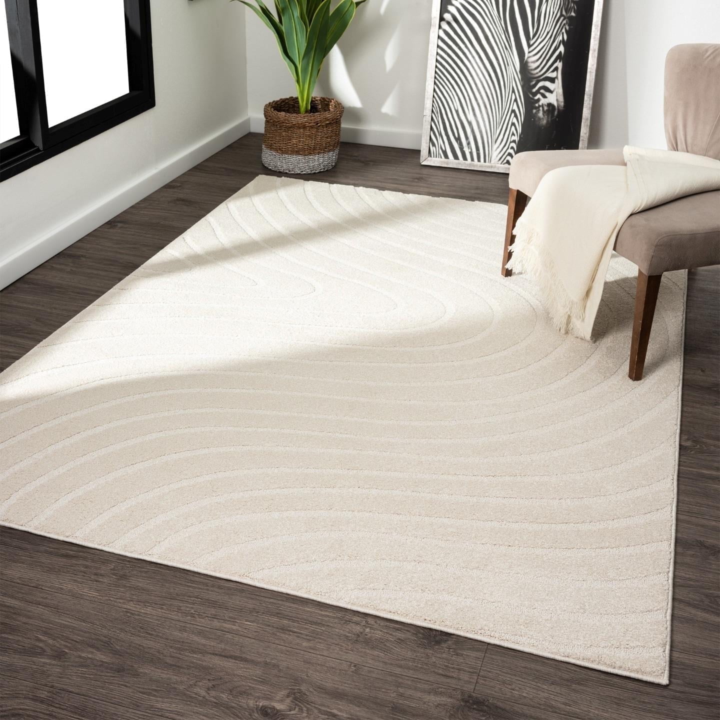 Cream 8' x 10' Modern Geometric Wave Synthetic Area Rug