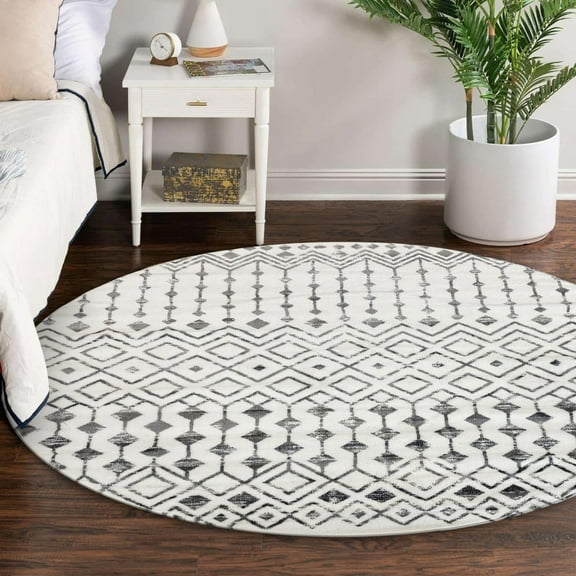 Luxe Weavers Moroccan 6 Foot Round Silver Off-White Area Rug, Bohemian Diamond Machine-Made Carpet